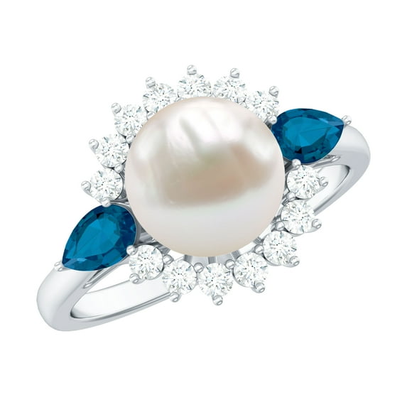 Rosec Jewels Freshwater Pearl Cocktail Ring with Blue Topaz and Moissanite - Pearl Ring for Women - AAA Quality Certified, 925 Sterling Silver, US 4.00