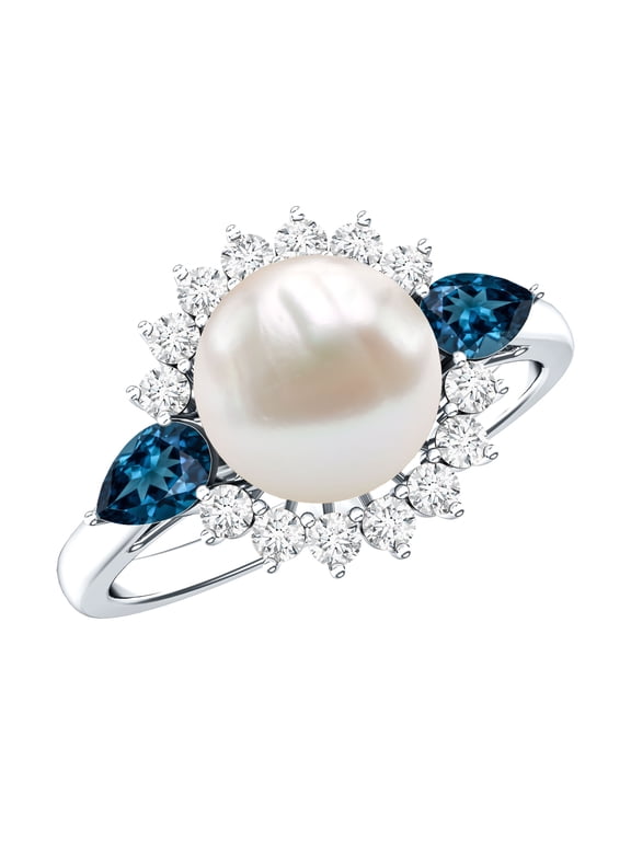 Freshwater Pearl Cocktail Ring with Blue Topaz and Diamond - AAA Grade - Pearl Ring for Women - with Jewelry Box, 925 Sterling Silver, US 4.00