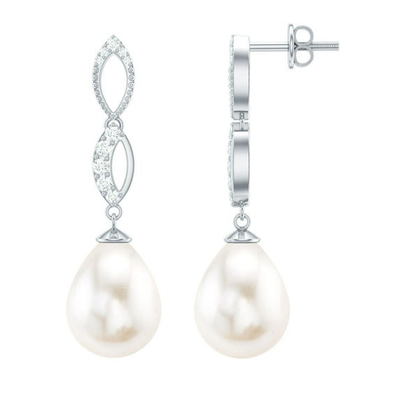 Rosec Jewels Freshwater Pearl Drop Dangle Earrings with Diamond Infinity (9X12 mm), 10K White Gold