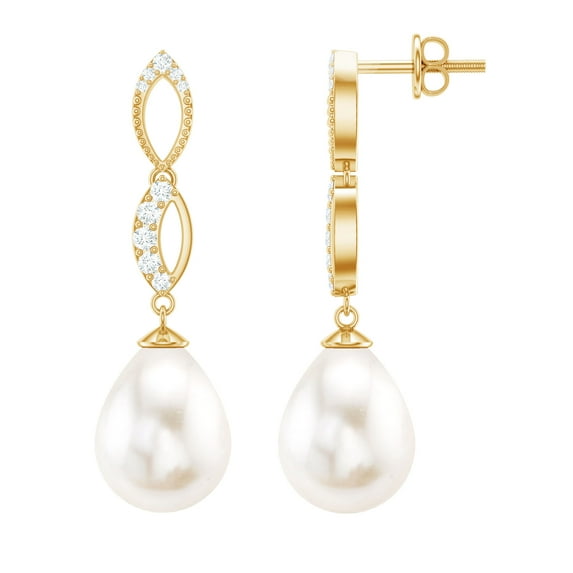 Rosec Jewels Freshwater Pearl Drop Dangle Earrings with Diamond Infinity (9X12 mm), 14K Yellow Gold