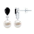 thumbnail image 1 of Rosec Jewels Freshwater Pearl Drop Earrings with Black Onyx and Moissanite for Women - AAA Grade - Black and White Earrings, 14K White Gold, 1 of 7