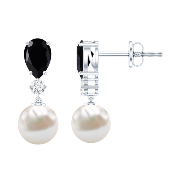 Rosec Jewels Freshwater Pearl Drop Earrings with Black Onyx and Moissanite for Women - AAA Grade - Black and White Earrings, 18K White Gold