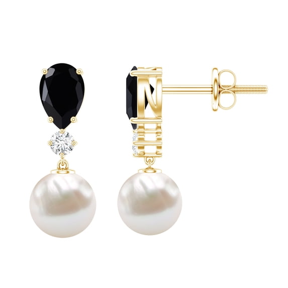 Rosec Jewels Freshwater Pearl Drop Earrings with Black Onyx and Moissanite for Women - AAA Grade - Black and White Earrings, 18K Yellow Gold