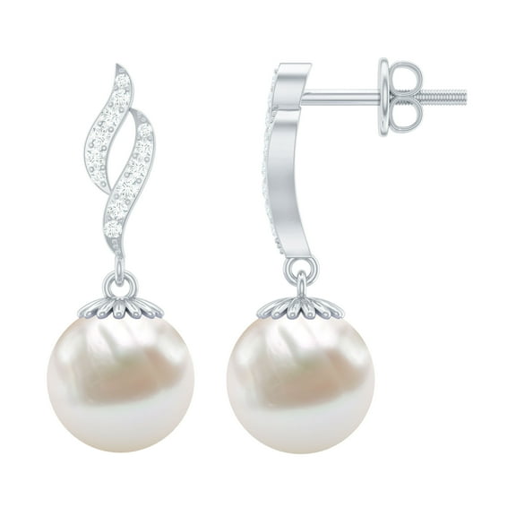 Rosec Jewels Freshwater Pearl Drop Earrings with Diamond for Women (15.25 CT, AAA Quality), 925 Sterling Silver