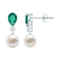 thumbnail image 1 of Rosec Jewels Freshwater Pearl Drop Earrings with Lab Grown Emerald and Moissanite - AAA Grade, 10K White Gold, 1 of 7
