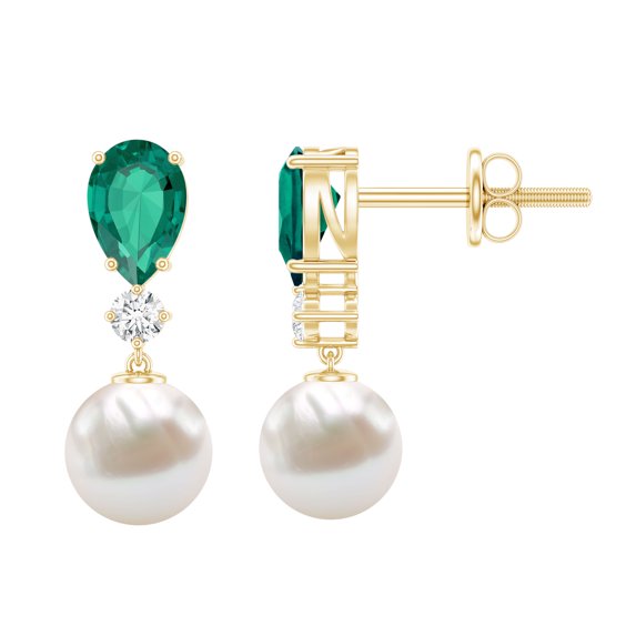 Rosec Jewels Freshwater Pearl Drop Earrings with Lab Grown Emerald and Moissanite - AAA Grade, 14K Yellow Gold