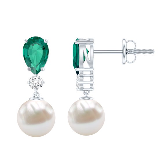 Rosec Jewels Freshwater Pearl Drop Earrings with Lab Grown Emerald and Moissanite - AAA Grade, 18K White Gold