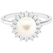ARISHA JEWELS Freshwater Pearl Engagement Ring for Women with Diamond Halo, 8 MM, AAA Grade, 925 Sterling Silver, US 4.00