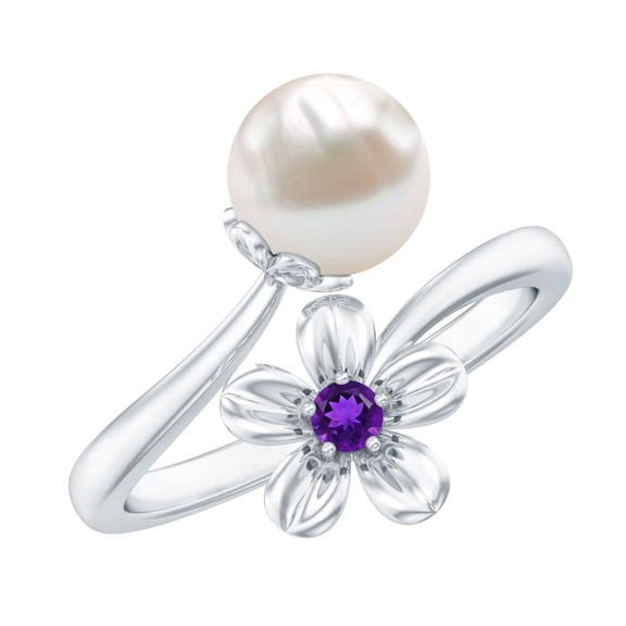 Freshwater Pearl Floral Ring for Women with Amethyst, Cocktail Ring, 925 Sterling Silver, US 4.00
