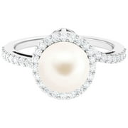 ARISHA JEWELS Freshwater Pearl Halo Ring for Women with Diamond, Classic Fine Ring, 925 Sterling Silver, US 4.00