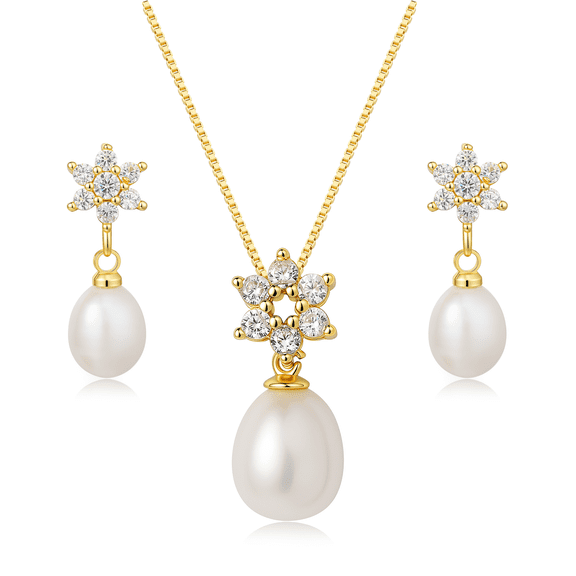 YAMI 9-10mm White Freshwater Cultured Pearl Jewelry Set, 925 Sterling Silver Star Pendant Necklace, Drop Earrings, Cubic Zirconia Gift
