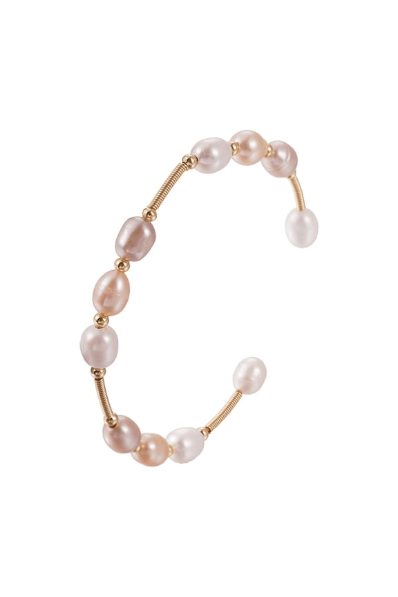 Freshwater Pearl Open Cuff Bangle for Women, Gold Tone with White and Pink Pearls Elegant Bridal Wedding Jewelry Gift
