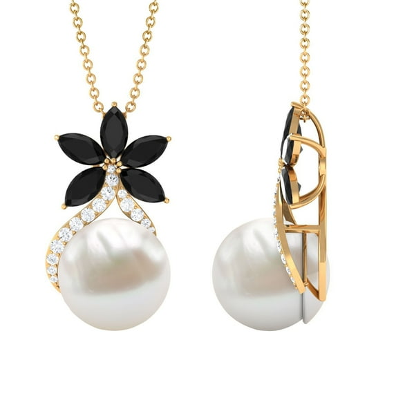 Rosec Jewels Freshwater Pearl Pendant with Black Onyx and Moissanite - Floral Inspired Pendant, 10K Yellow Gold