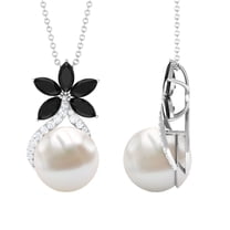 Rosec Jewels Freshwater Pearl Pendant with Black Onyx and Moissanite - Floral Inspired Pendant, 925 Sterling Silver
