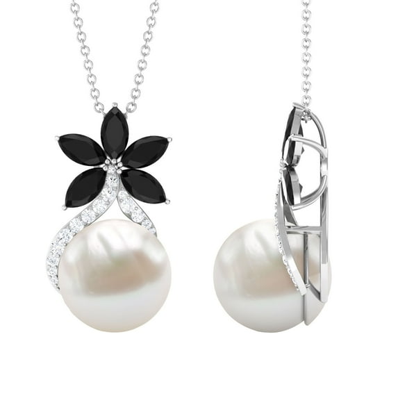 Rosec Jewels Freshwater Pearl Pendant with Black Onyx and Moissanite - Floral Inspired Pendant, 925 Sterling Silver