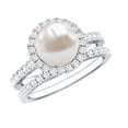 thumbnail image 1 of Rosec Jewels Natural Freshwater Pearl Engagement Ring Set of 2 - Halo Engagement Ring with Wedding Band - AAA Quality, 14K White Gold, US 4.50, 1 of 9
