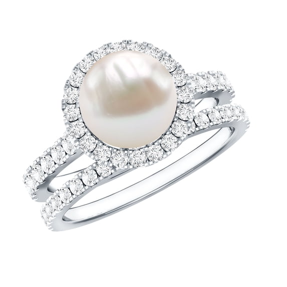 Rosec Jewels Natural Freshwater Pearl Engagement Ring Set of 2 - Halo Engagement Ring with Wedding Band - AAA Quality, 14K White Gold, US 4.50