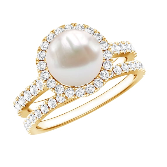 Rosec Jewels Natural Freshwater Pearl Engagement Ring Set of 2 - Halo Engagement Ring with Wedding Band - AAA Quality, 18K Yellow Gold, US 4.00