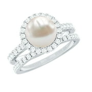 ROSEC JEWELS Natural Freshwater Pearl Engagement Ring Set of 2 - Halo Engagement Ring with Wedding Band - AAA Quality, 925 Sterling Silver, US 4.00