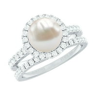 Rosec Jewels Natural Freshwater Pearl Engagement Ring Set of 2 - Halo Engagement Ring with Wedding Band - AAA Quality, 925 Sterling Silver, US 4.00