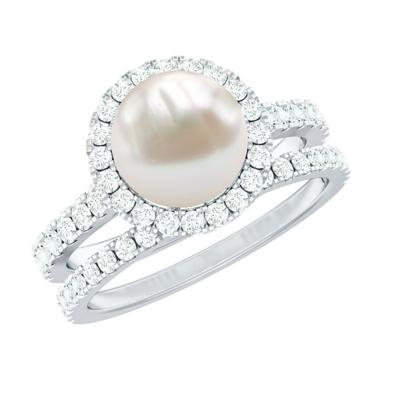 Rosec Jewels Natural Freshwater Pearl Engagement Ring Set of 2 - Halo Engagement Ring with Wedding Band - AAA Quality, 925 Sterling Silver, US 4.00
