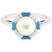 ARISHA JEWELS Freshwater Pearl Ring with Blue Topaz and Diamond - Halo Ring, 925 Sterling Silver, US 4.00