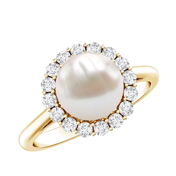 Rosec Jewels Freshwater Pearl Halo Engagement Ring for Diamond - 8 mm - 7 Carat - AAA Quality - with Jewelry Box, 14K Yellow Gold, US 5.50
