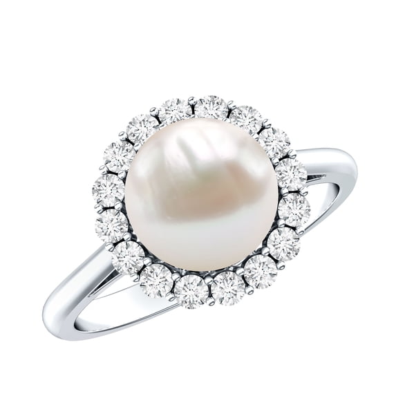 Rosec Jewels Freshwater Pearl Halo Engagement Ring for Diamond - 8 mm - 7 Carat - AAA Quality - with Jewelry Box, 18K White Gold, US 13.00
