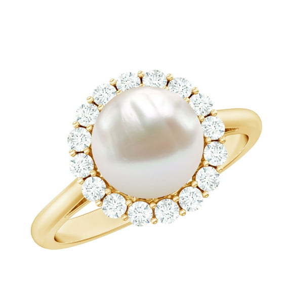 Rosec Jewels Freshwater Pearl Halo Engagement Ring for Diamond - 8 mm - 7 Carat - AAA Quality - with Jewelry Box, 18K Yellow Gold, US 8.00