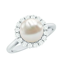 Rosec Jewels Freshwater Pearl Halo Engagement Ring for Diamond - 8 mm - 7 Carat - AAA Quality - With Jewelry Box, 925 Sterling Silver, US 4.00