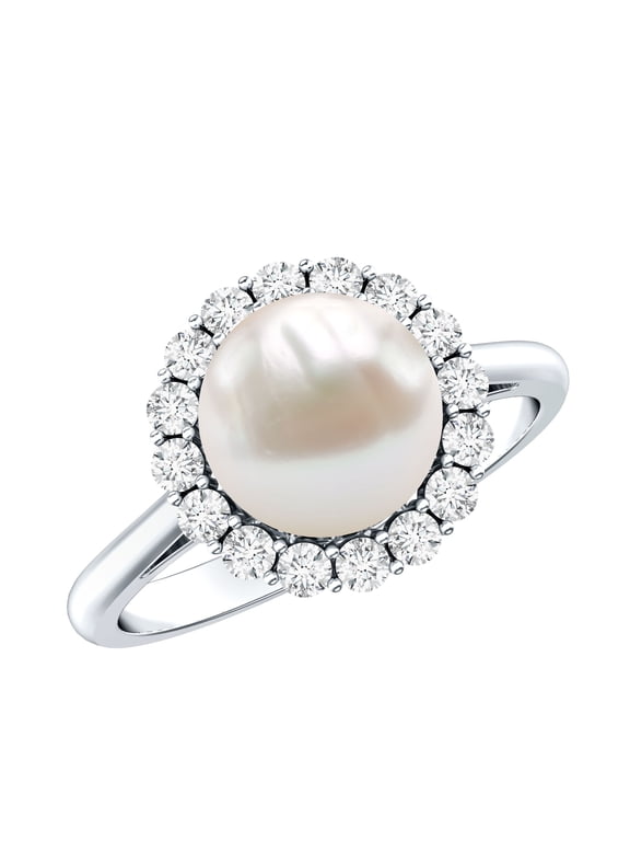 Cultured Freshwater Pearl Engagement Ring with Diamond Halo - 7 Carat - AAA Quality - with Jewelry Box, 925 Sterling Silver, US 4.00