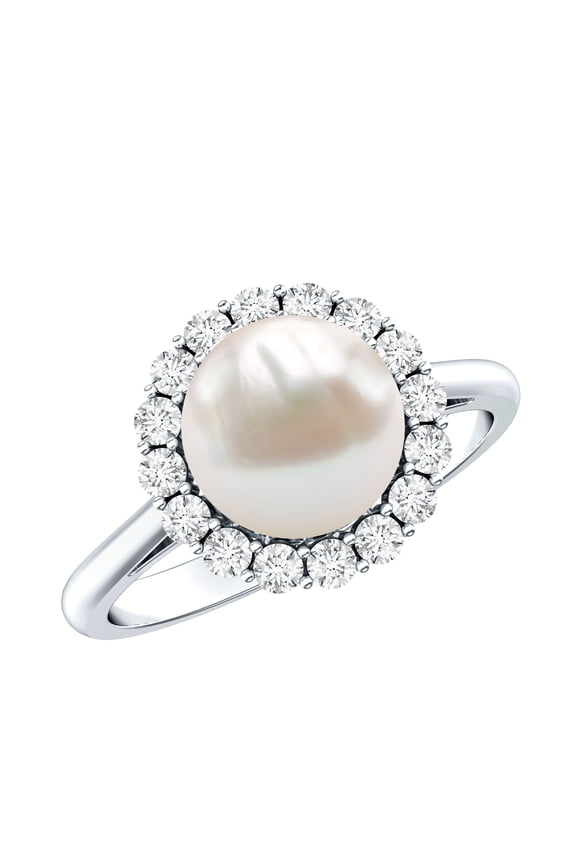 Freshwater Pearl Halo Engagement Ring with Diamond - 7 Carat - AAA Quality - with Jewelry Box, 925 Sterling Silver, US 4.00