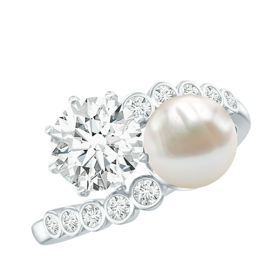 Rosec Jewels Genuine Pearl Moissanite Toi Et Moi Engagement Ring - Statement Ring - AAA Quality - with Jewelry Box, 18K White Gold, US 11.50