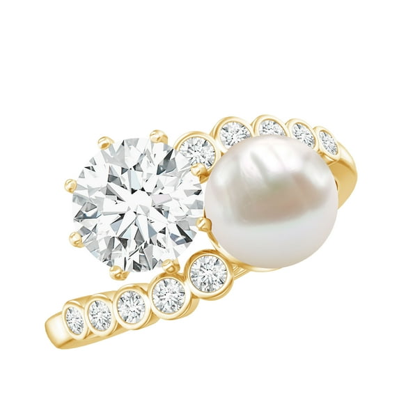 Rosec Jewels Genuine Pearl Moissanite Toi Et Moi Engagement Ring - Statement Ring - AAA Quality - with Jewelry Box, 18K Yellow Gold, US 8.00