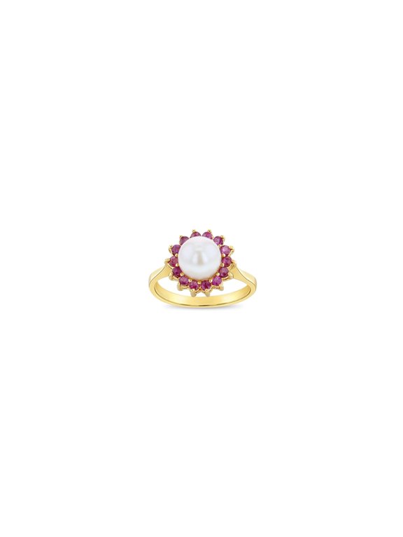 Freshwater Pearl & Ruby Halo Ring 14k Yellow Gold - Size 3