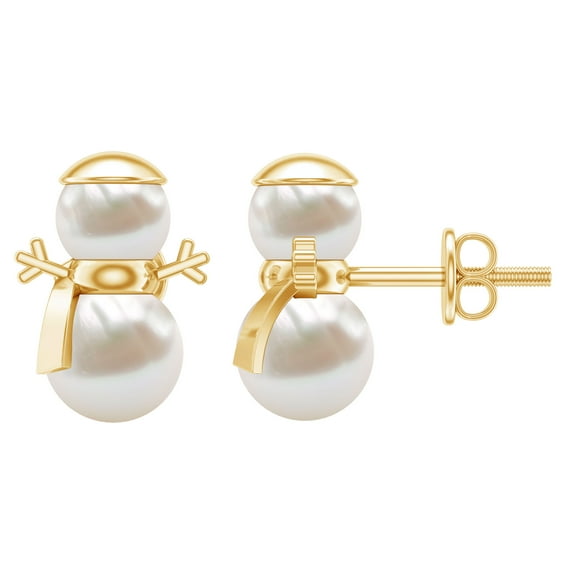 Rosec Jewels Freshwater Pearl Snowman Stud Earrings for Women - 8.50 CT - AAA Quality, 18K Yellow Gold
