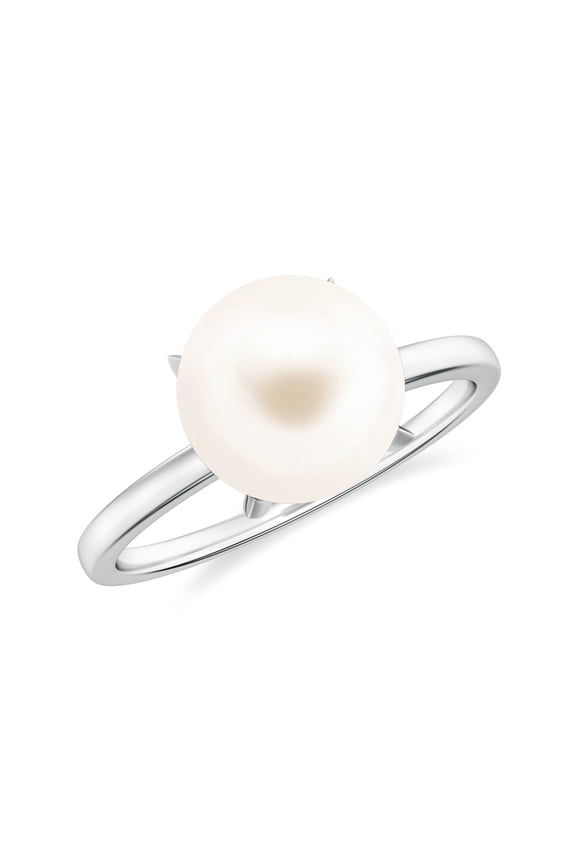 Freshwater Pearl Solitaire Ring for Women in 925 Sterling Silver White Gold Plated 4 Prong Set Engagement Ring June Birthstone Jewelry Gift for Her Christmas Gift, 10MM Ring Size 6