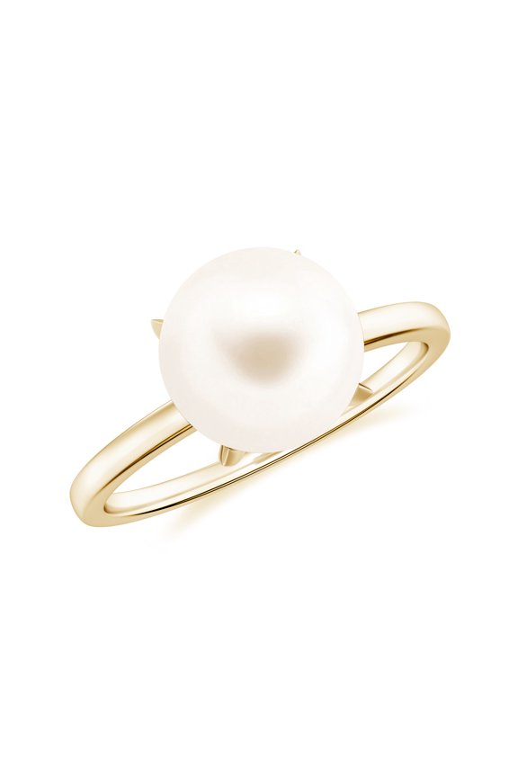 Freshwater Pearl Solitaire Ring for Women in 925 Sterling Silver Yellow Gold Plated 4 Prong Set Engagement Ring June Birthstone Jewelry Gift for Her Christmas Gift, 9MM Ring Size 6