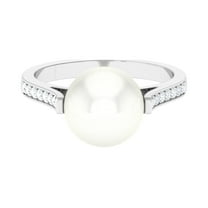 Rosec Jewels Freshwater Pearl Solitaire Ring for Women with Diamond, 10 mm, AAA Grade, 925 Sterling Silver, US 4.00