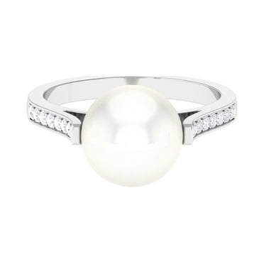 Rosec Jewels Freshwater Pearl Solitaire Ring for Women with Diamond, 10 mm, AAA Grade, 925 Sterling Silver, US 4.00