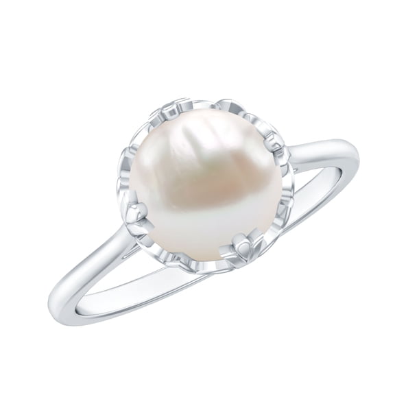 Rosec Jewels Cultured Freshwater Pearl Solitaire Ring for Women (7 Carat, AAA Grade) - June Birthstone Ring with Jewelry Box, 10K White Gold, US 11.00