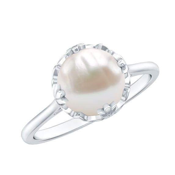 Rosec Jewels Freshwater Pearl Solitaire Ring for Women (8mm, 7.5 Ct, AAA Grade) - June Birthstone Ring with Jewelry Box, 10K White Gold, US 12.50