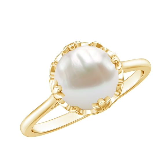 Rosec Jewels Freshwater Pearl Solitaire Ring in Floral Setting (8 MM, 7.50 CT, AAA Quality), 18K Yellow Gold, US 12.50
