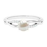 ARISHA JEWELS Freshwater Pearl Solitaire Ring with Diamond Braided Accent, 6 mm AAA Grade Pearl, 925 Sterling Silver, US 4.00