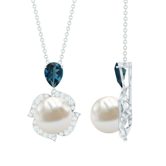Rosec Jewels Designer Freshwater Pearl Pendant with Blue Topaz and Diamond - AAA Grade - 8 Carat Pearl Statement Necklace with Chain, 925 Sterling Silver