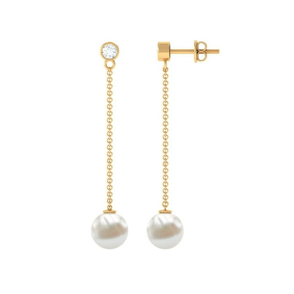 Rosec Jewels Freshwater Pearl and Diamond Earrings for Women, Pearl Long Chain Drop Earrings, 18K Yellow Gold