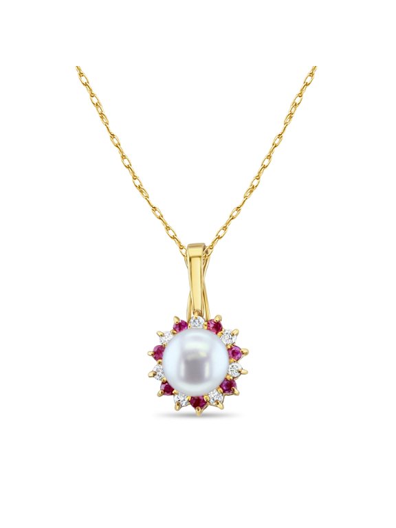 Freshwater Pearl with Diamond & Ruby Halo Necklace 14k Yellow Gold - 16"