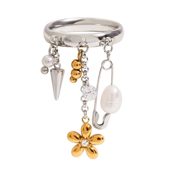 Freshwater Pearls Flower Tassels Rings Stainless Steel Jewelry