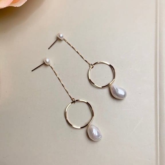 Freshwater Pearls and Circle Long Dangle Earrings