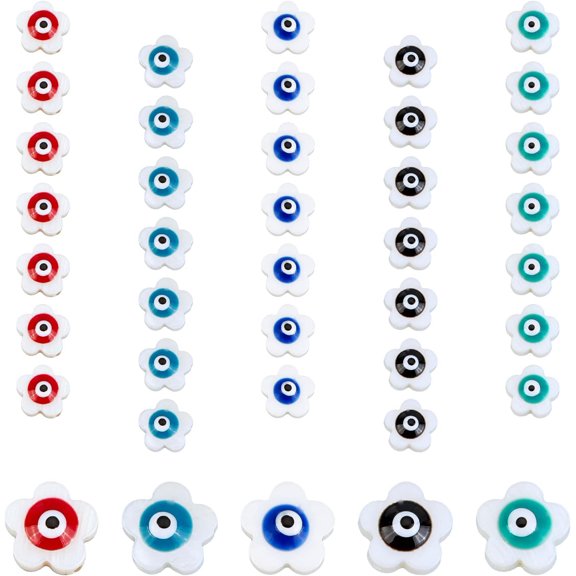 Freshwater Shell 1 box 50pcs 5 colors Natural Freshwater Shell Beads with Enamel Flower with Evil Eye Mixed color 10.5x11x4.5mm Hole: 0.7mm 10pcs/color